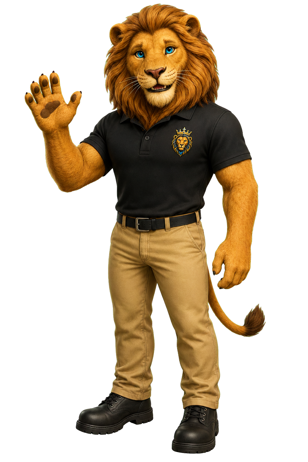 Royce, the Empire Air lion mascot, waving customers toward the comfort check